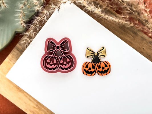 Pumpkin cherry clay cutter, double smiling pumpkin with bow for polymer clay and silver clay, UK made-Halloween / Goth Cutters
