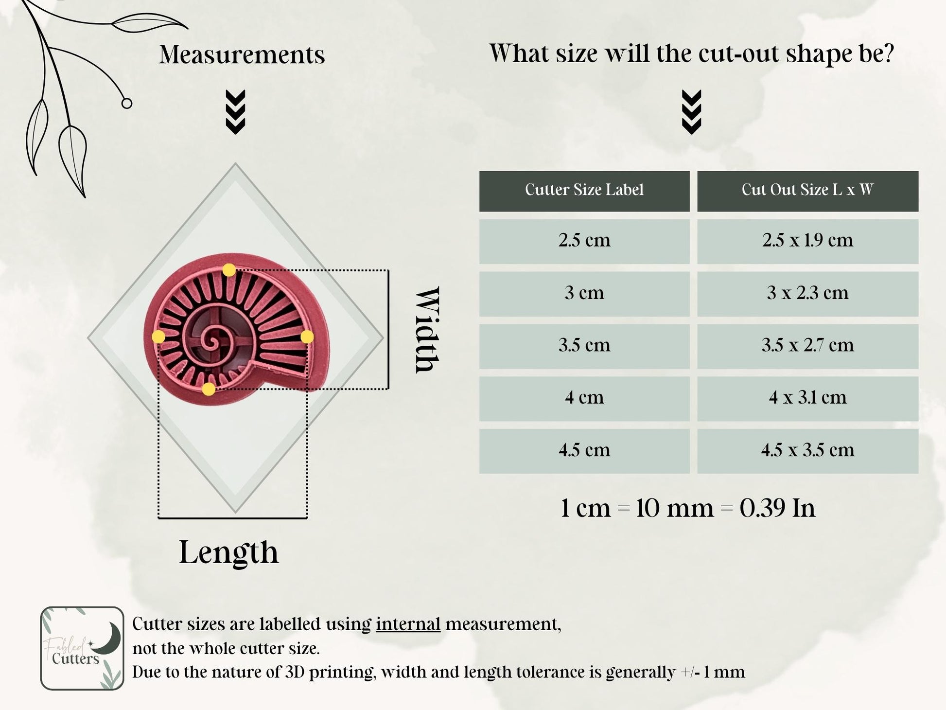 Circular fossil seashell polymer clay cutter size chart with measurements for cutters in 2.5 cm up to 4.5 cm.