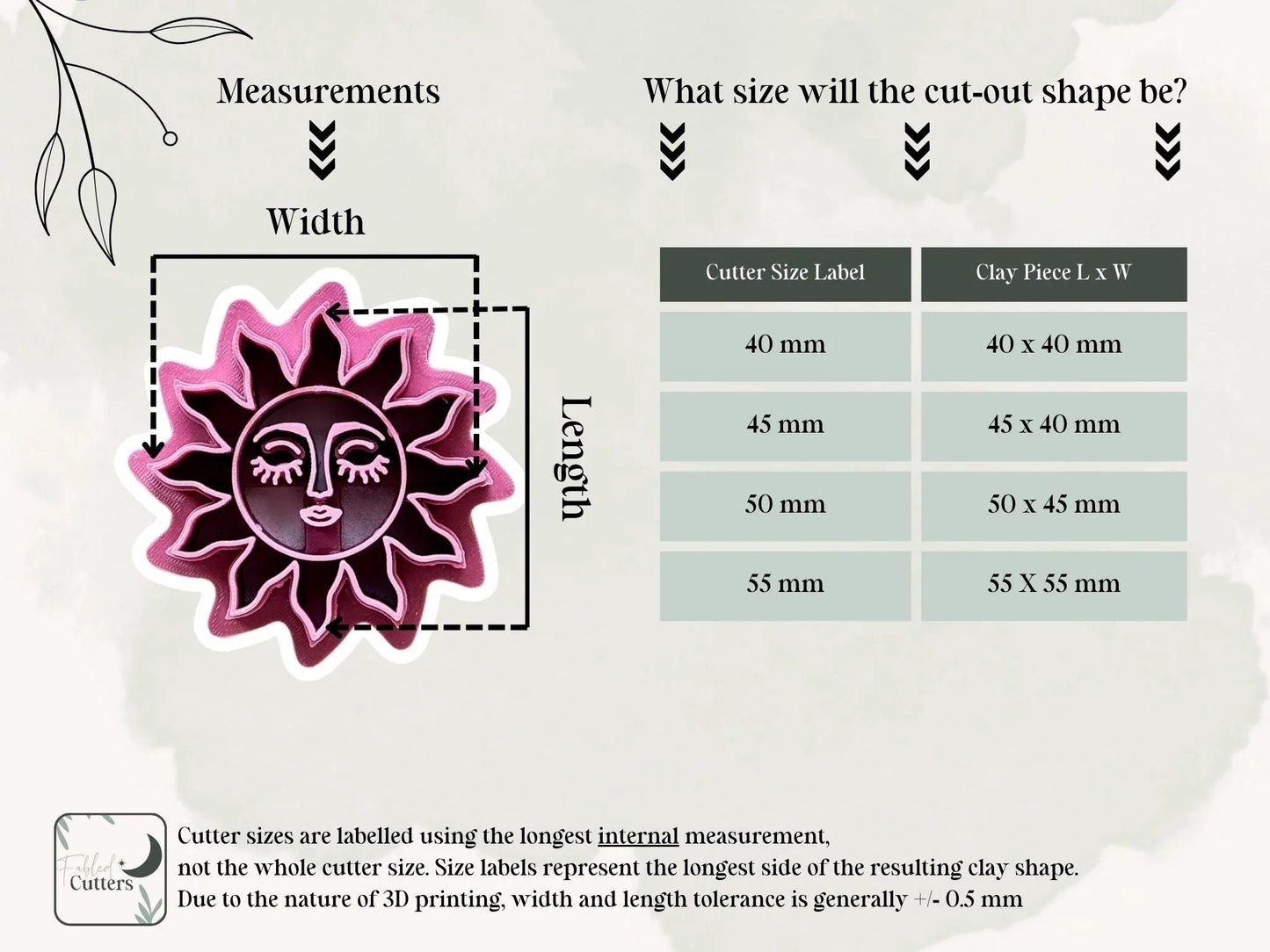 Measurement guide for the celestial sun polymer clay cutter with width and length diagram and corresponding clay cut-out sizes.