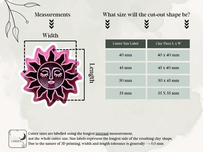 Measurement guide for the celestial sun polymer clay cutter with width and length diagram and corresponding clay cut-out sizes.
