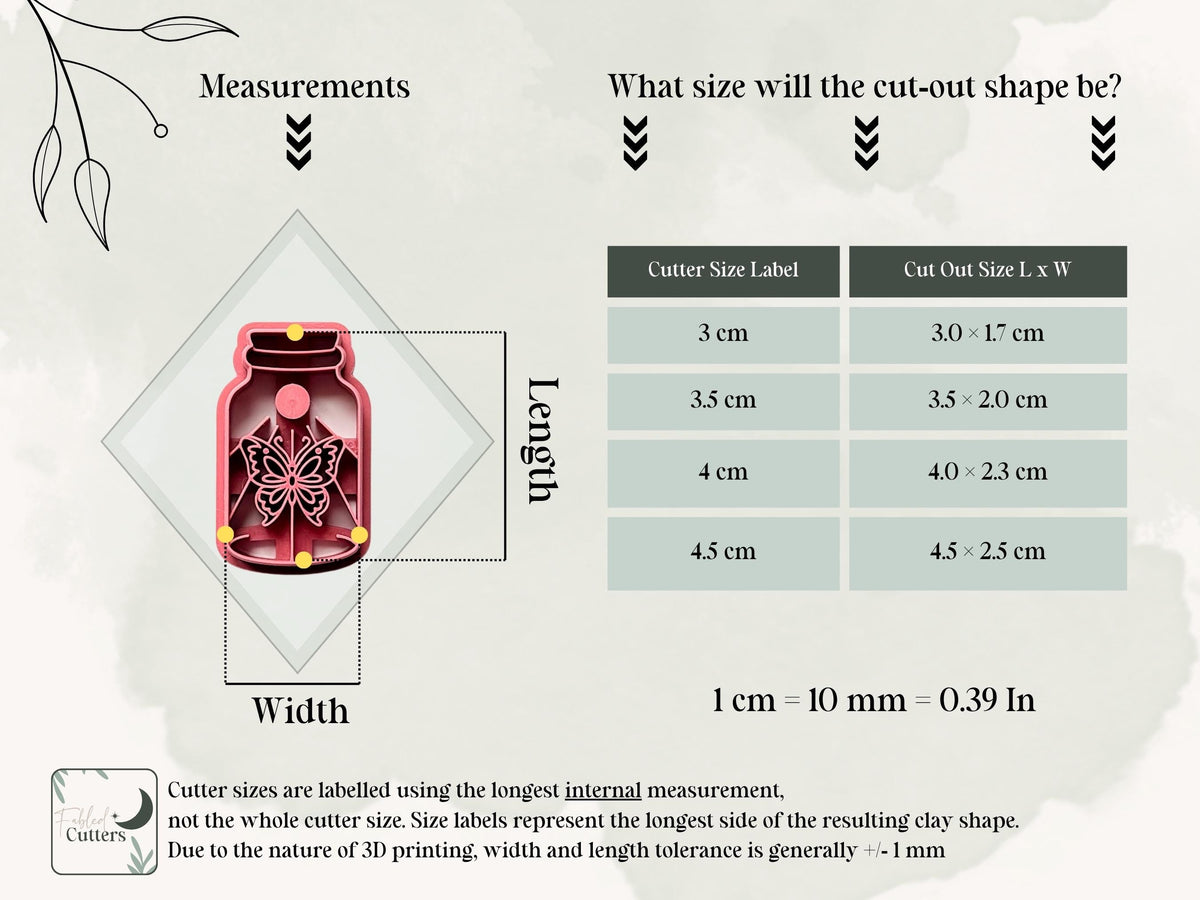 Size guide for the butterfly specimen jar clay cutter, showing the cutter’s longest internal measurements and finished polymer clay cut-out dimensions for available sizes from 3 cm to 4.5 cm.
