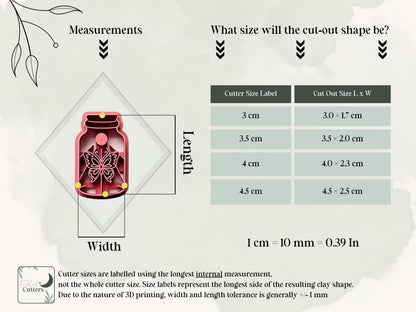 Size guide for the butterfly specimen jar clay cutter, showing the cutter’s longest internal measurements and finished polymer clay cut-out dimensions for available sizes from 3 cm to 4.5 cm.