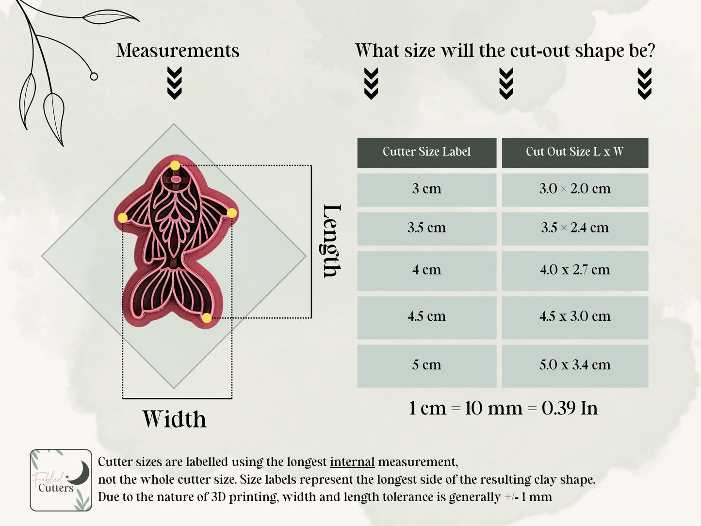 Size chart for decorative fish polymer clay cutter with width and length measurements, including finished cut-out sizes and size tolerance information.