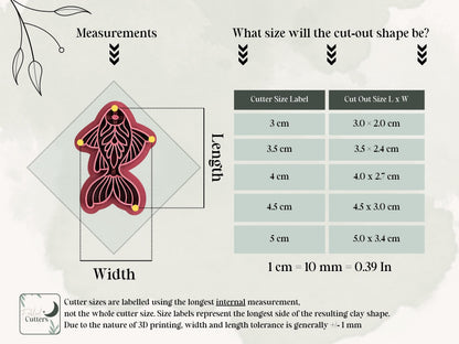 Size chart for decorative fish polymer clay cutter with width and length measurements, including finished cut-out sizes and size tolerance information.