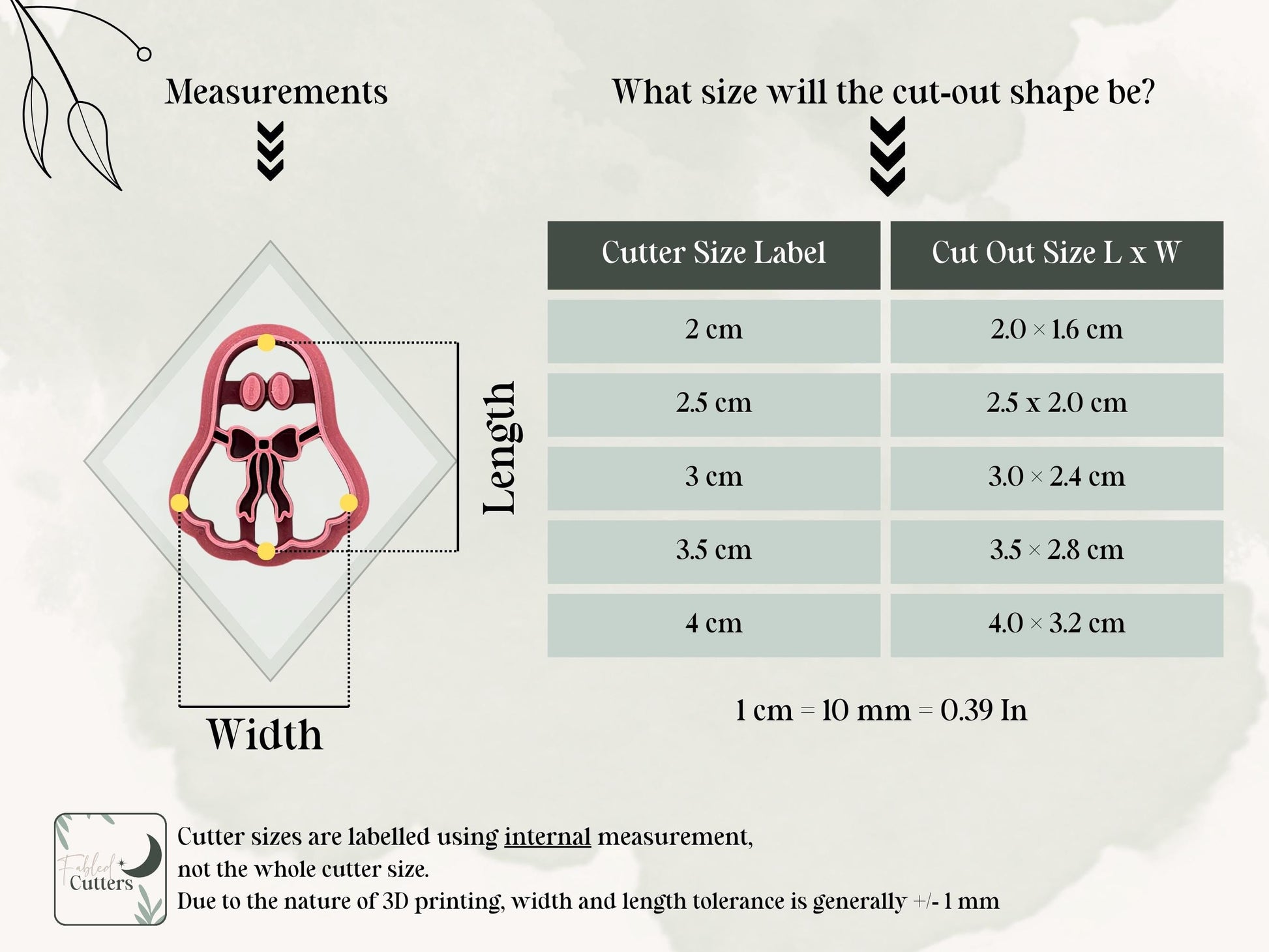 Measurement guide showing available sizes and cut-out dimensions for the cute ghost with bow polymer clay cutter.
