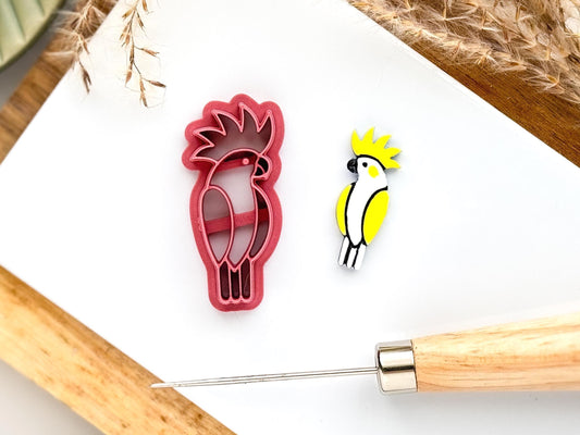 Image shows dark pink Cockatoo shaped cutter and polymer clay cut out sample that has been painted.