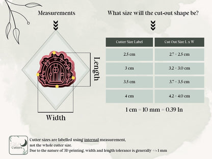 Size guide for the fairy door polymer clay cutter showing internal cutter measurements and the finished clay cut-out dimensions for all four available sizes, from 2.5 cm to 4 cm.