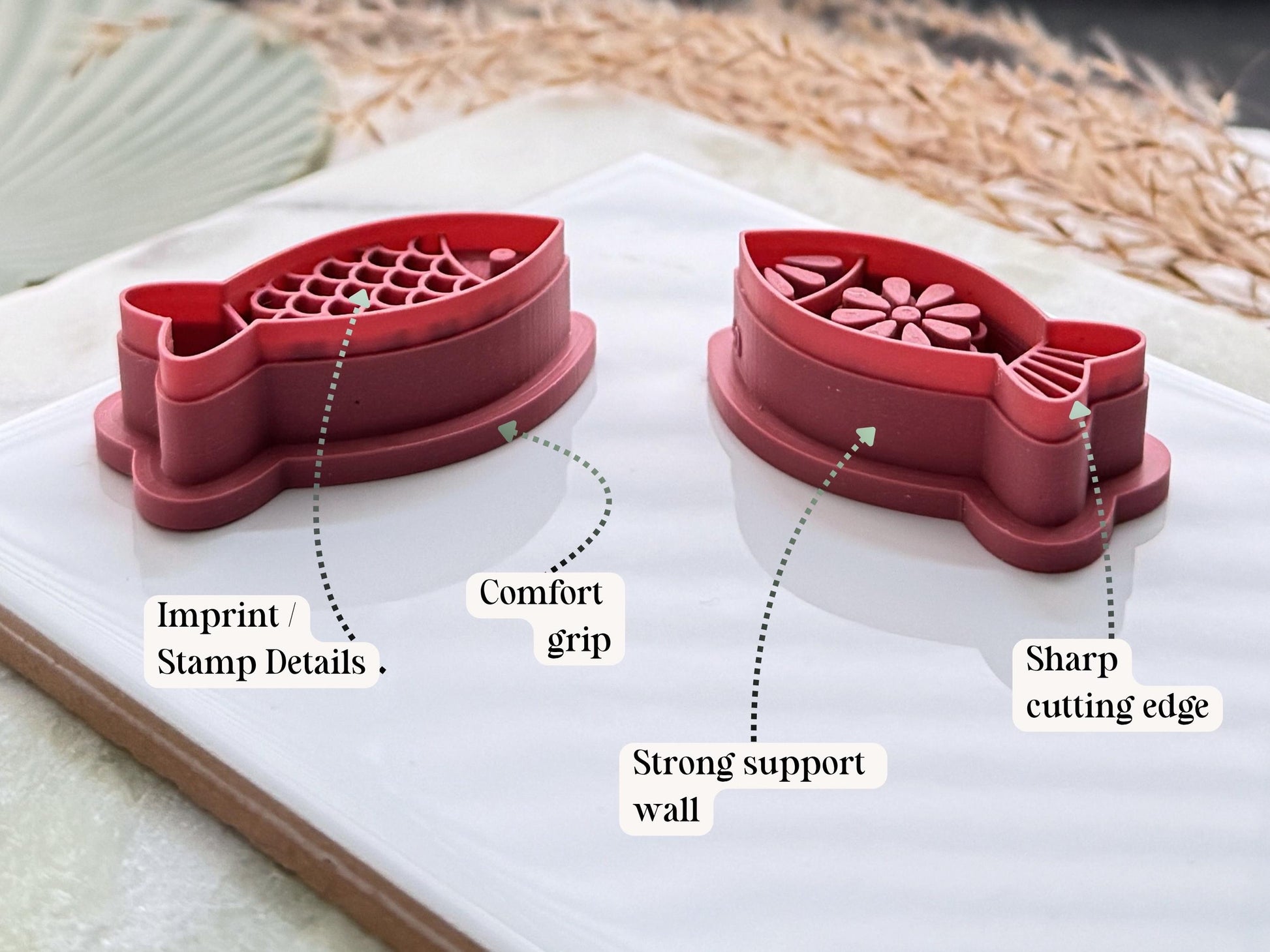 Labelled diagram depicting key fish clay cutter details, sharp cutting edge, strong support wall, comfort grip and imprint details.