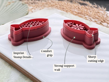 Labelled diagram depicting key fish clay cutter details, sharp cutting edge, strong support wall, comfort grip and imprint details.