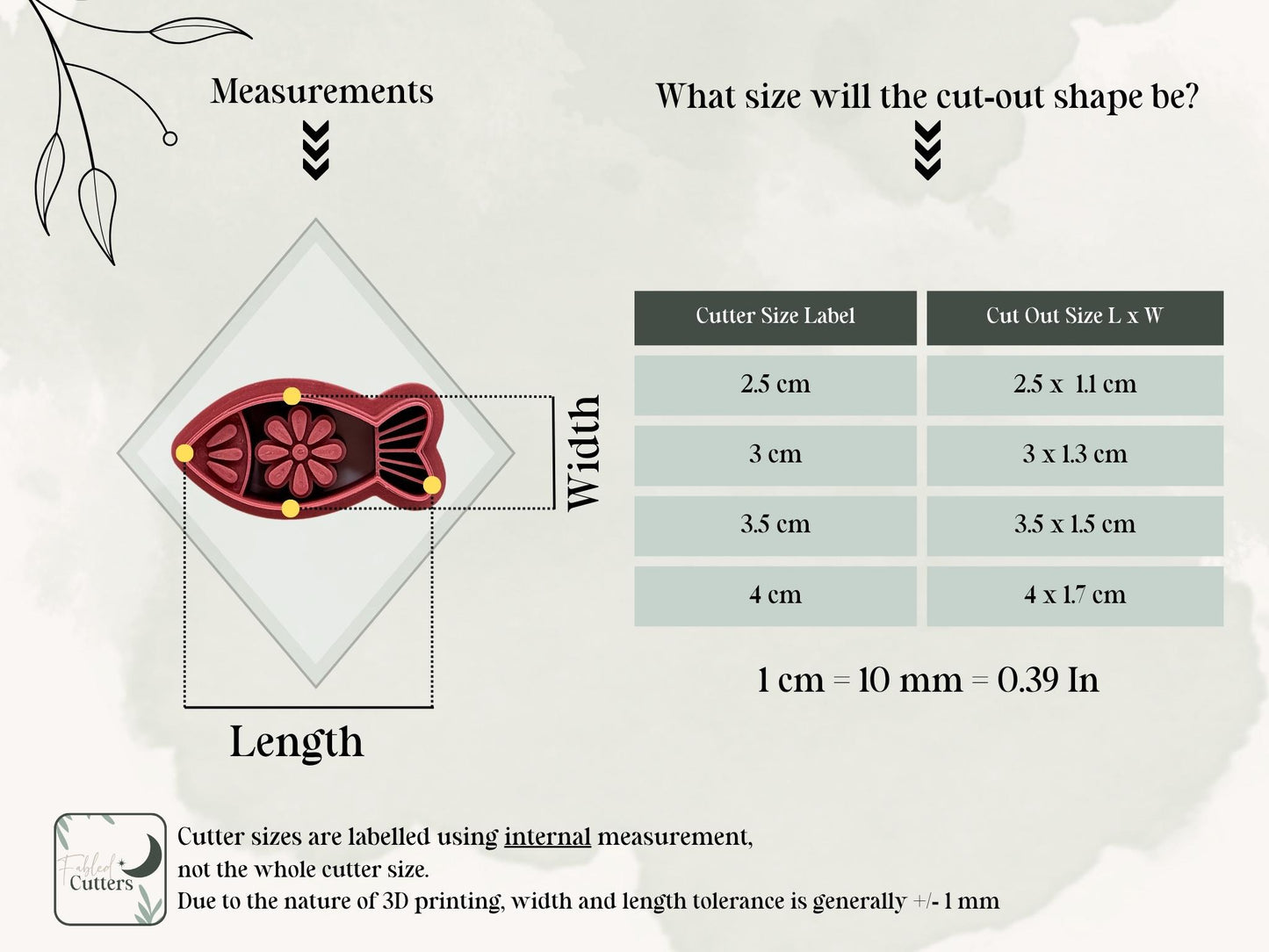 Simple fish clay cutter measurement table for sizes 2.5 - 4 cm