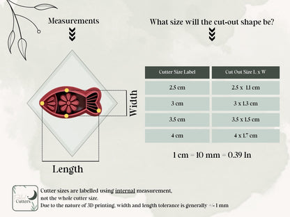 Simple fish clay cutter measurement table for sizes 2.5 - 4 cm