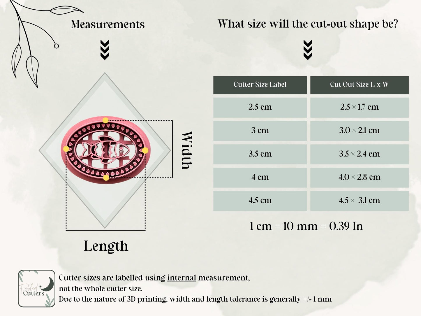 Fish polymer clay cutter size chart showing available cutter sizes from 2.5 cm to 4.5 cm and corresponding finished polymer clay fish dimensions, with cutter sizes measured by the internal cutting edge.