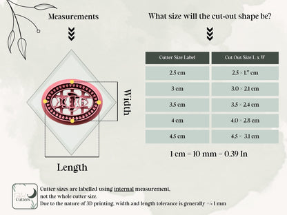 Fish polymer clay cutter size chart showing available cutter sizes from 2.5 cm to 4.5 cm and corresponding finished polymer clay fish dimensions, with cutter sizes measured by the internal cutting edge.