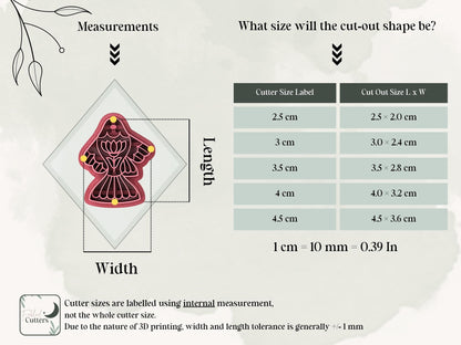 Measurement guide for ornamental fish polymer clay cutter showing internal sizing method and a table of finished clay cut-out dimensions from 2.5 cm to 4.5 cm.