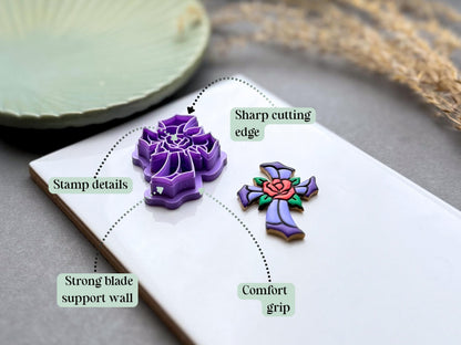 Diagram showing the sharp cutting edge, stamp details, strong blade support wall and comfort grip of the stained glass cross with rose polymer clay cutter.