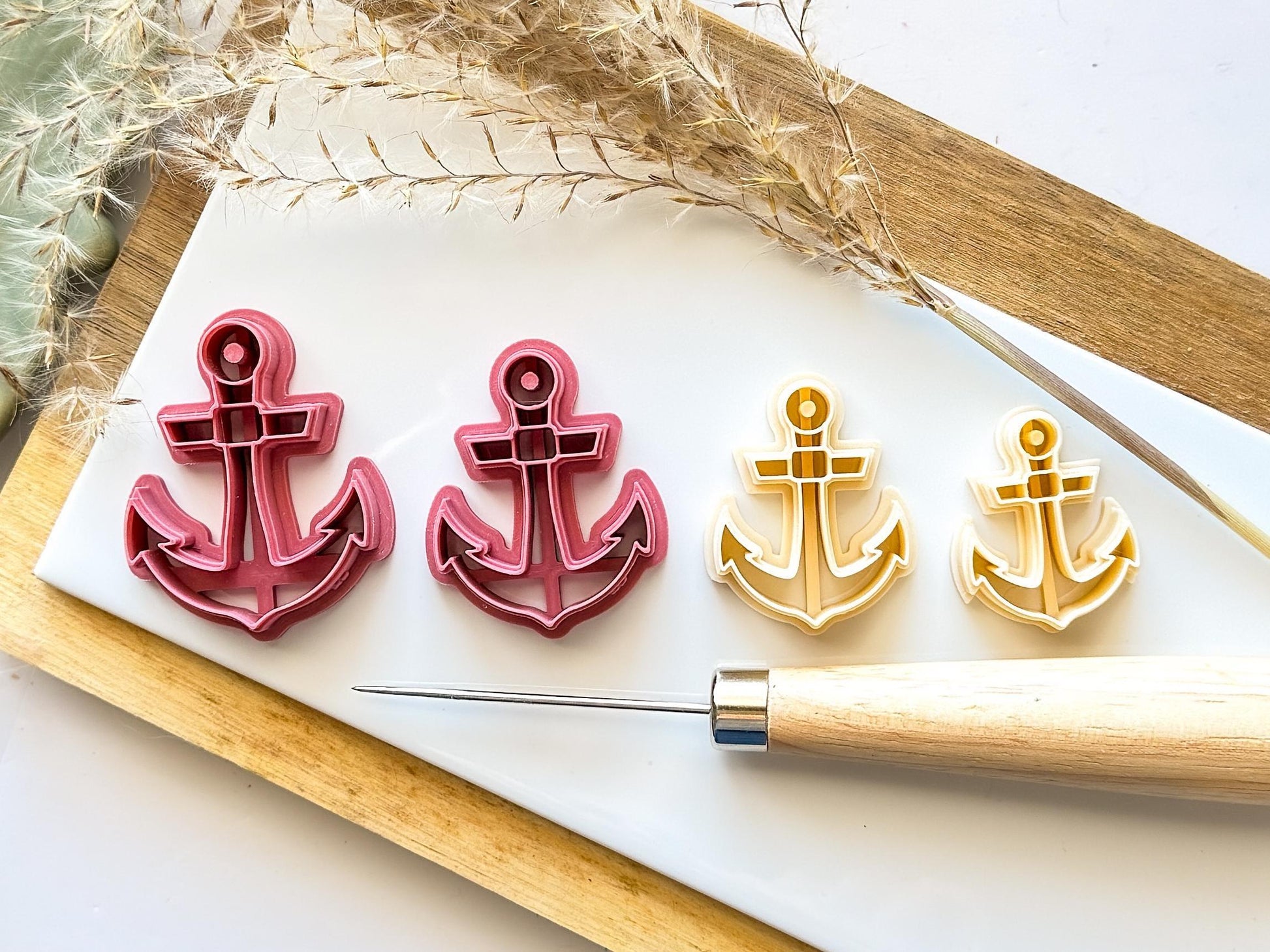 Ships anchor clay cutters showing the two colour options available - pink and beige