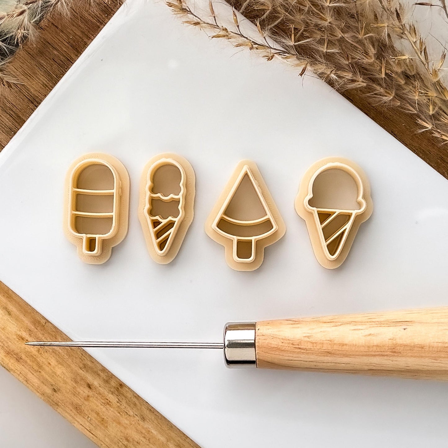 Beige coloured ice cream and icepop clay cutter set
