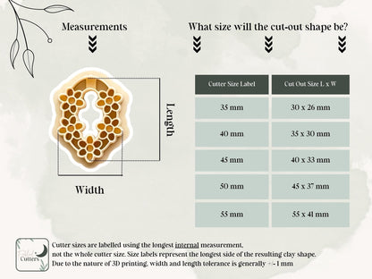 Measurement guide for oval shaped polymer clay earring cutter with daisy flower details