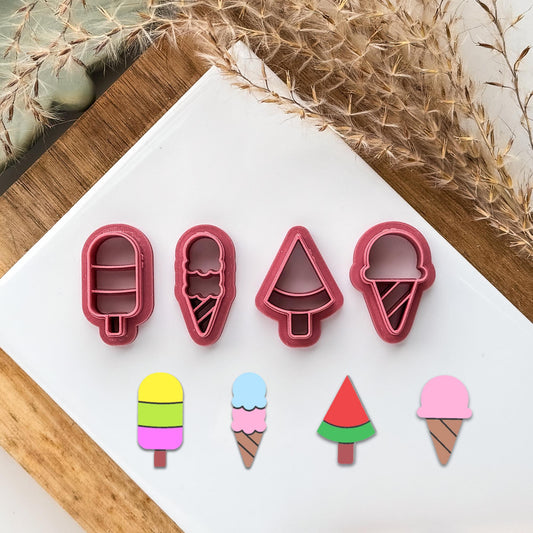 4 shapes of ice cream themed clay cutters. 3 section ice lolly, double ice cream cone in a wafter, watermelon wedge ice lolly, single scoop ice cream cone shapes.