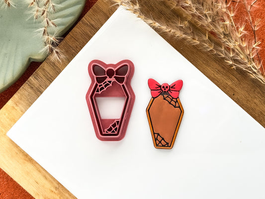 Coffin with Bow Clay Cutter, spooky cute Halloween cutter for polymer clay and silver clay, various sizes, UK made-Halloween / Goth Cutters