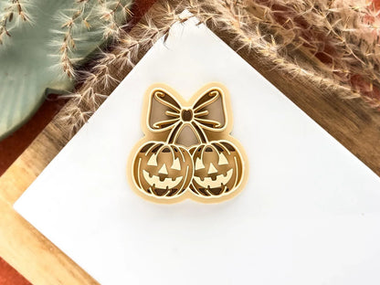 Pumpkin cherry clay cutter, double smiling pumpkin with bow for polymer clay and silver clay, UK made-Halloween / Goth Cutters