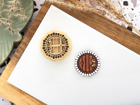 Round fairy door shaped clay cutter with planks, bricks, hinges and lock embossing details