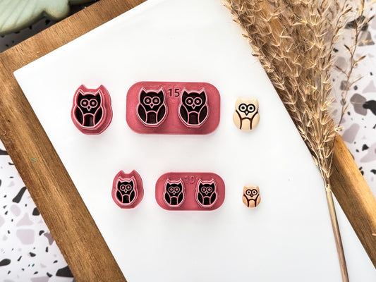 Small owl clay cutters in single owl version and double verison for making polymer clay stud earrings.