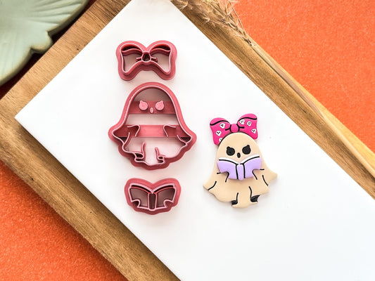 Ghost Clay Cutter Girl: Female ghost shaped cutter with open book and bow, 5 sizes available, UK Made-Halloween / Goth Cutters