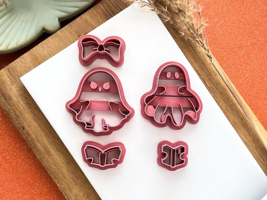 Halloween ghost cutter set, male and female ghosts with book themed accessories for stacking polymer clay, silver clay and fondant.