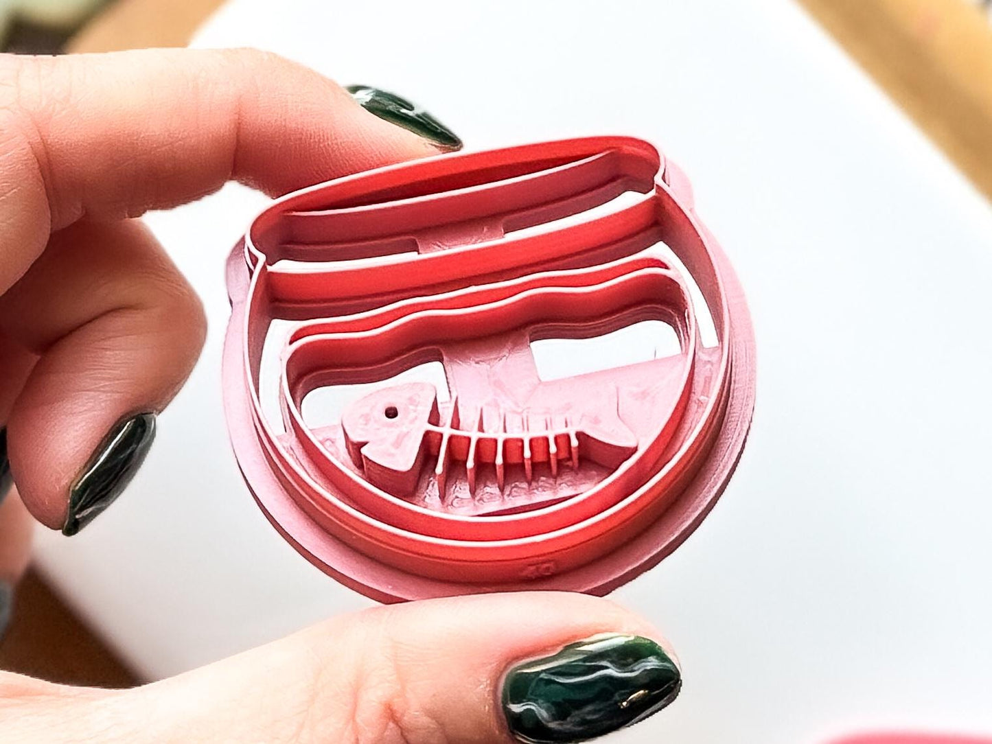 Fish Bowl Clay Cutter, Skeleton Fish in a Bowl Embossing Cutter, 5 Sizes 2.5 - 4.5 cm, UK Made-Halloween / Goth Cutters