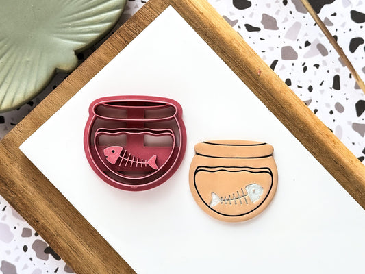 Fish Bowl Clay Cutter, Skeleton Fish in a Bowl Embossing Cutter, 5 Sizes 2.5 - 4.5 cm, UK Made-Halloween / Goth Cutters