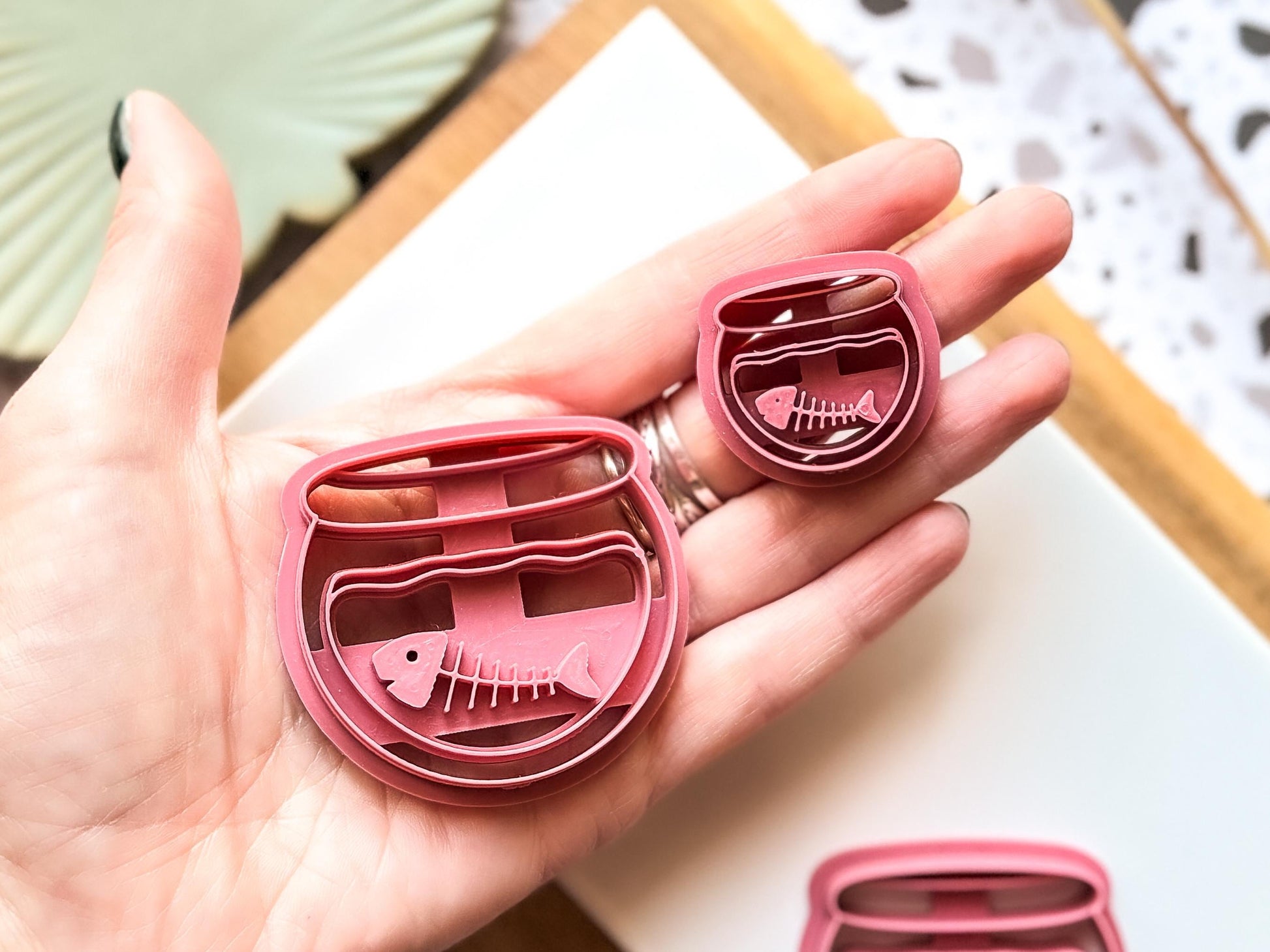 Fish Bowl Clay Cutter, Skeleton Fish in a Bowl Embossing Cutter, 5 Sizes 2.5 - 4.5 cm, UK Made-Halloween / Goth Cutters