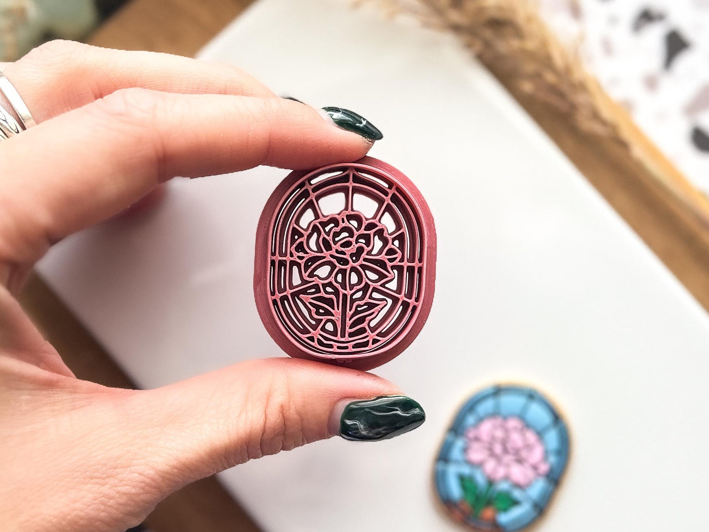 Floral Stained Glass Clay Cutter: Oval Framed Coronation Flower Design For Polymer Clay, UK Made-Floral Clay Cutters