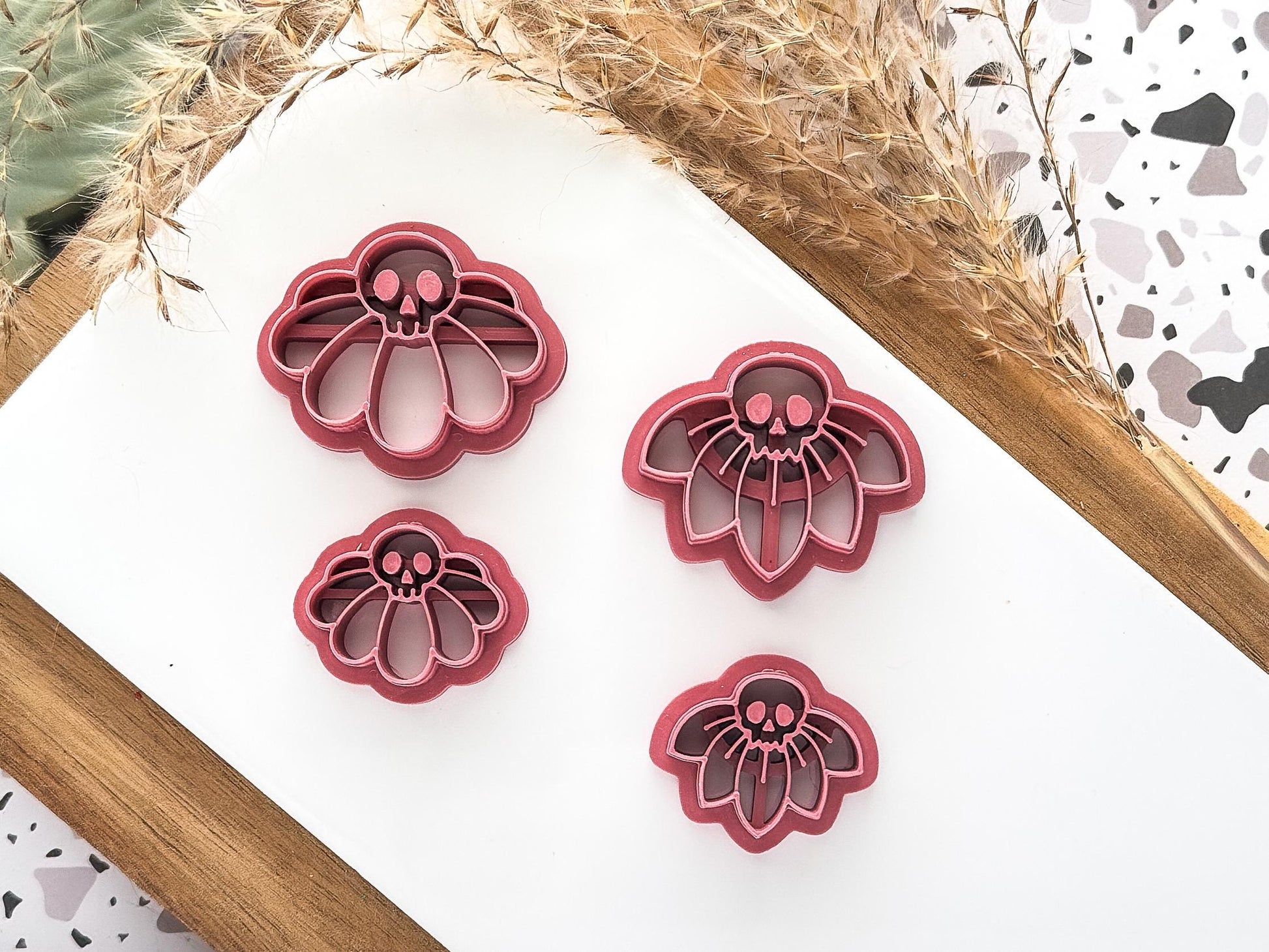 Skull Flower Polymer Clay Cutter Set: 4 Part Set Of Half Flower Cutters, Various Sizes, UK Made-Halloween / Goth Cutters