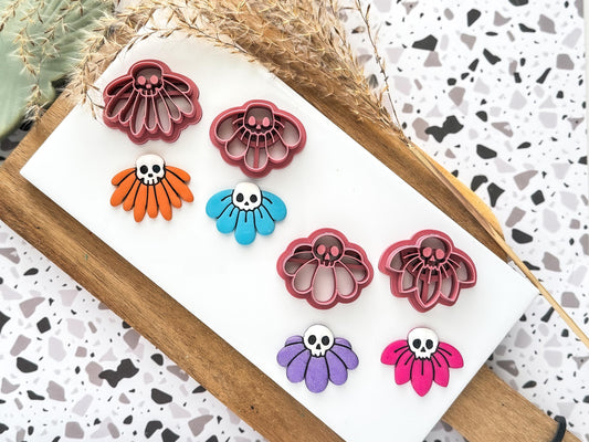Skull Flower Polymer Clay Cutter Set: 4 Part Set Of Half Flower Cutters, Various Sizes, UK Made-Halloween / Goth Cutters