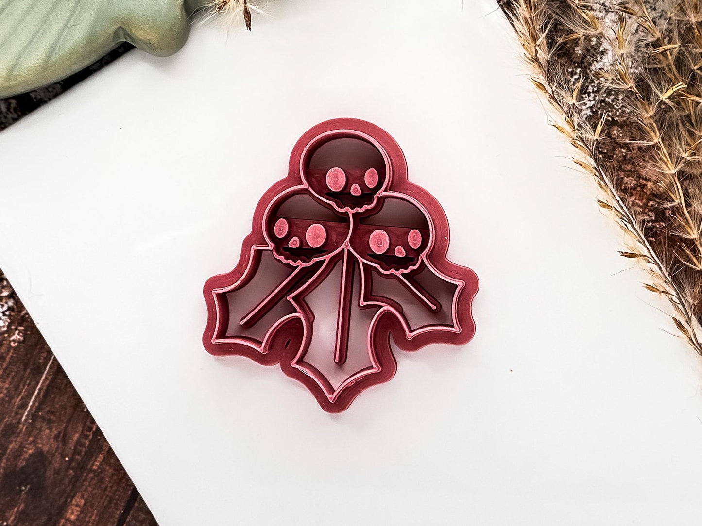 Gothic Christmas Holly Cutter, Skull And Leaves Detail for Polymer Clay, Fondant-Christmas Clay Cutters