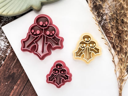 Gothic Christmas Holly Cutter, Skull And Leaves Detail for Polymer Clay, Fondant-Christmas Clay Cutters