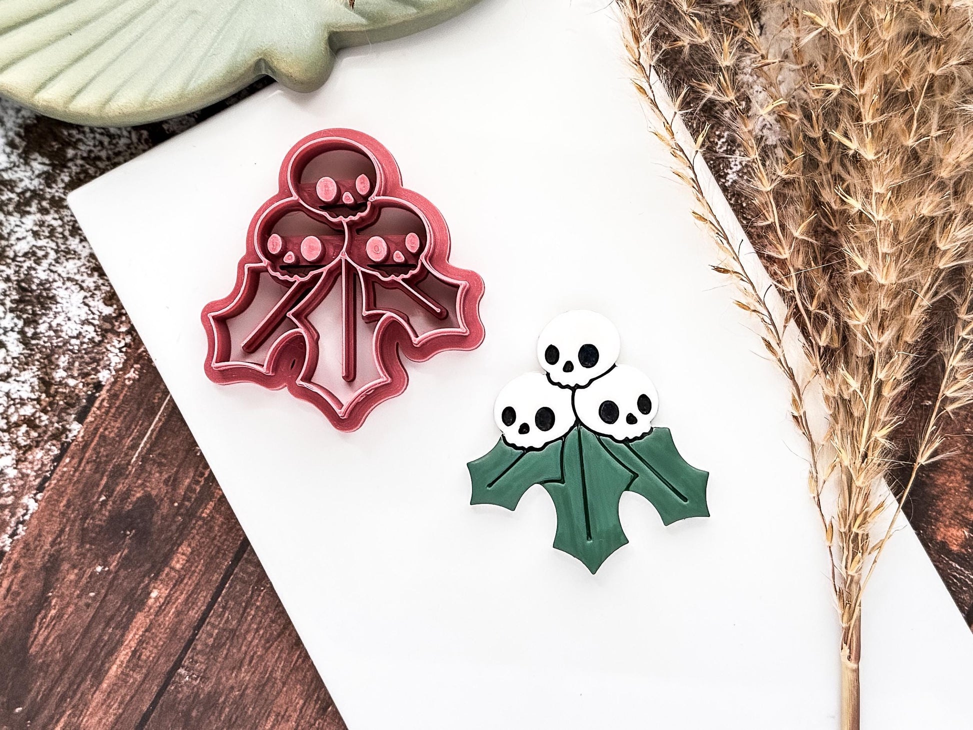 Gothic Christmas Holly Cutter, Skull And Leaves Detail for Polymer Clay, Fondant-Christmas Clay Cutters