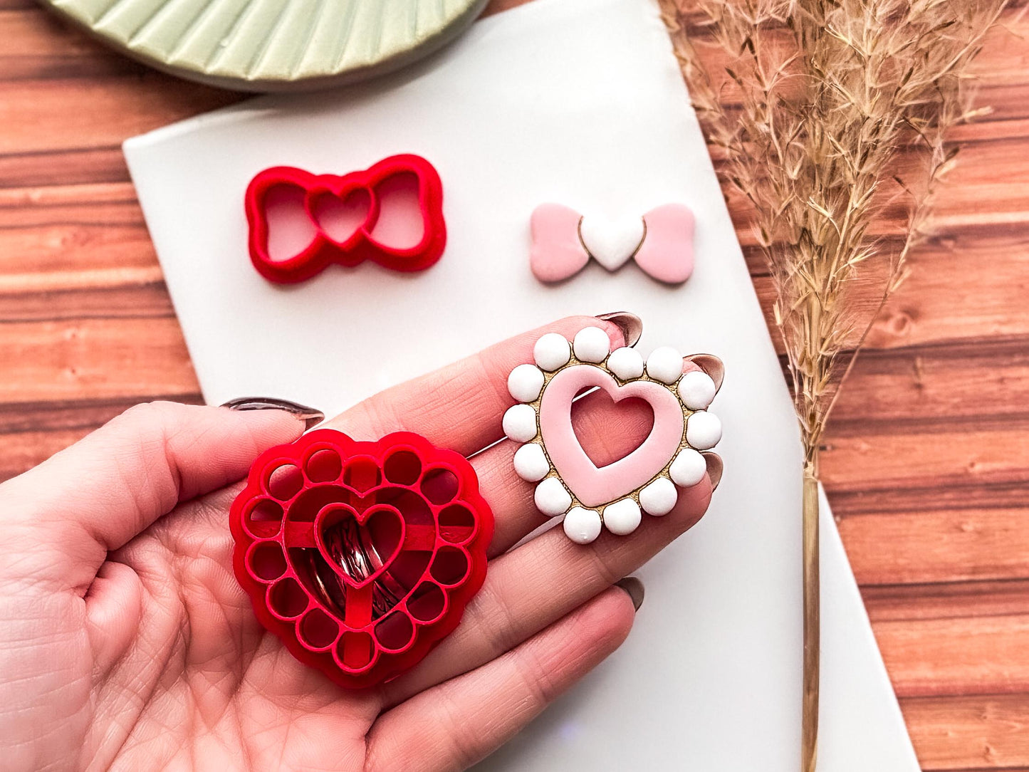 Heart Clay Cutter With Pearls And Bow, For Polymer Clay Earring Making & Fondant Decorations-Valentines Clay Cutters