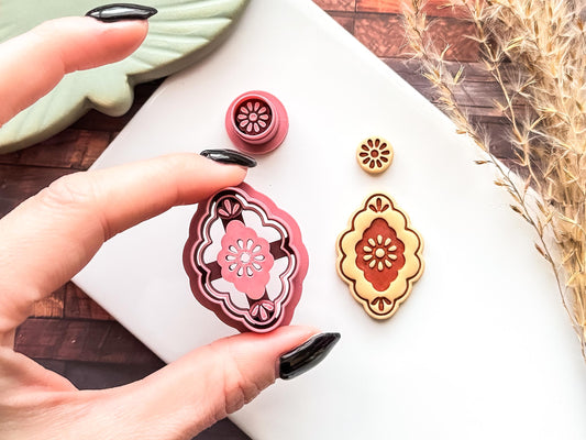 Boho Clay Earring Cutter, 2 Piece Decorative Dangle Cutters With Floral Stamp Detail, 4 Sizes, Made in UK-Earring Cutter Sets