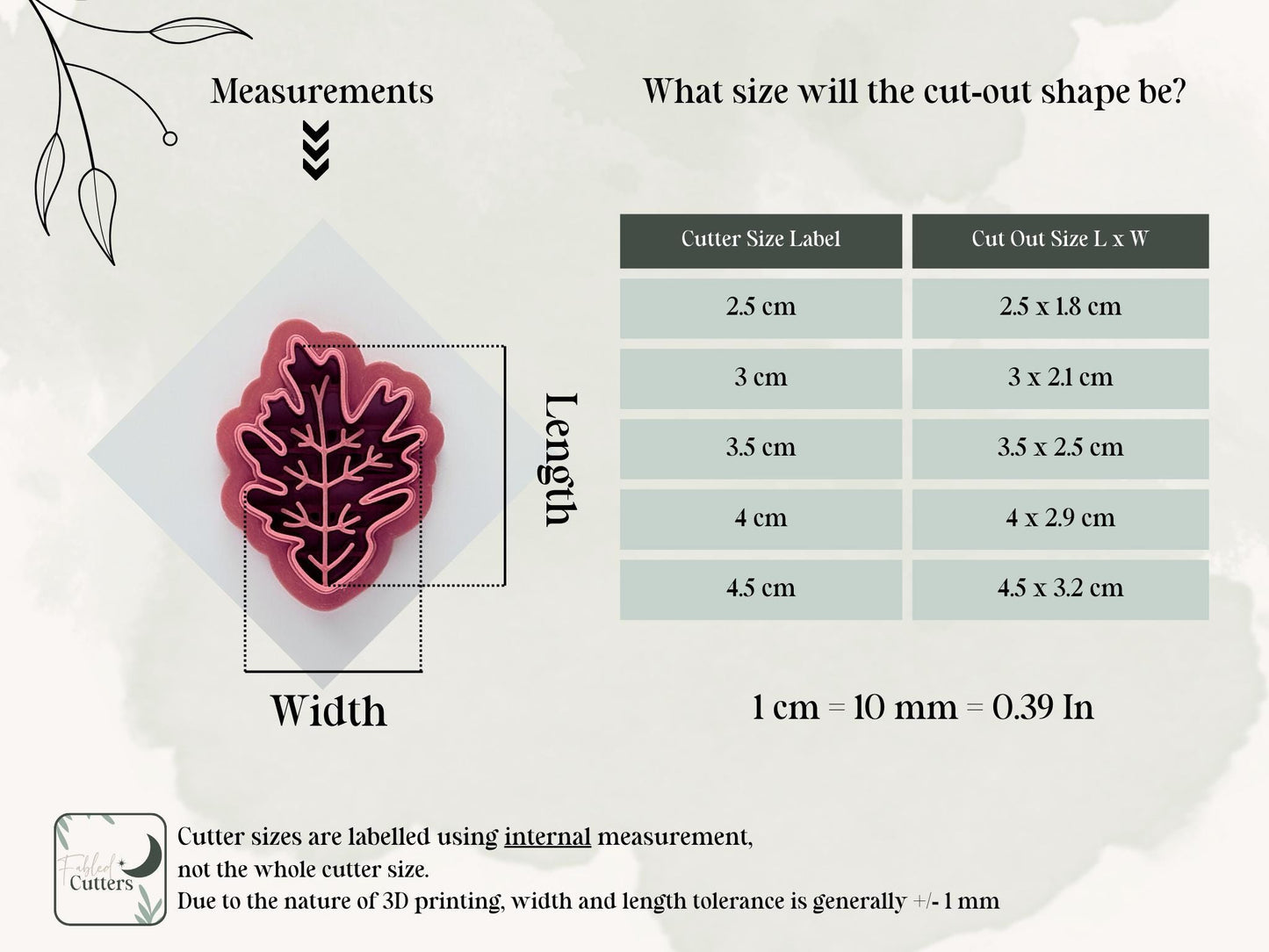 Pointed leaf cutter size comparison chart showing dimensions for polymer clay jewellery