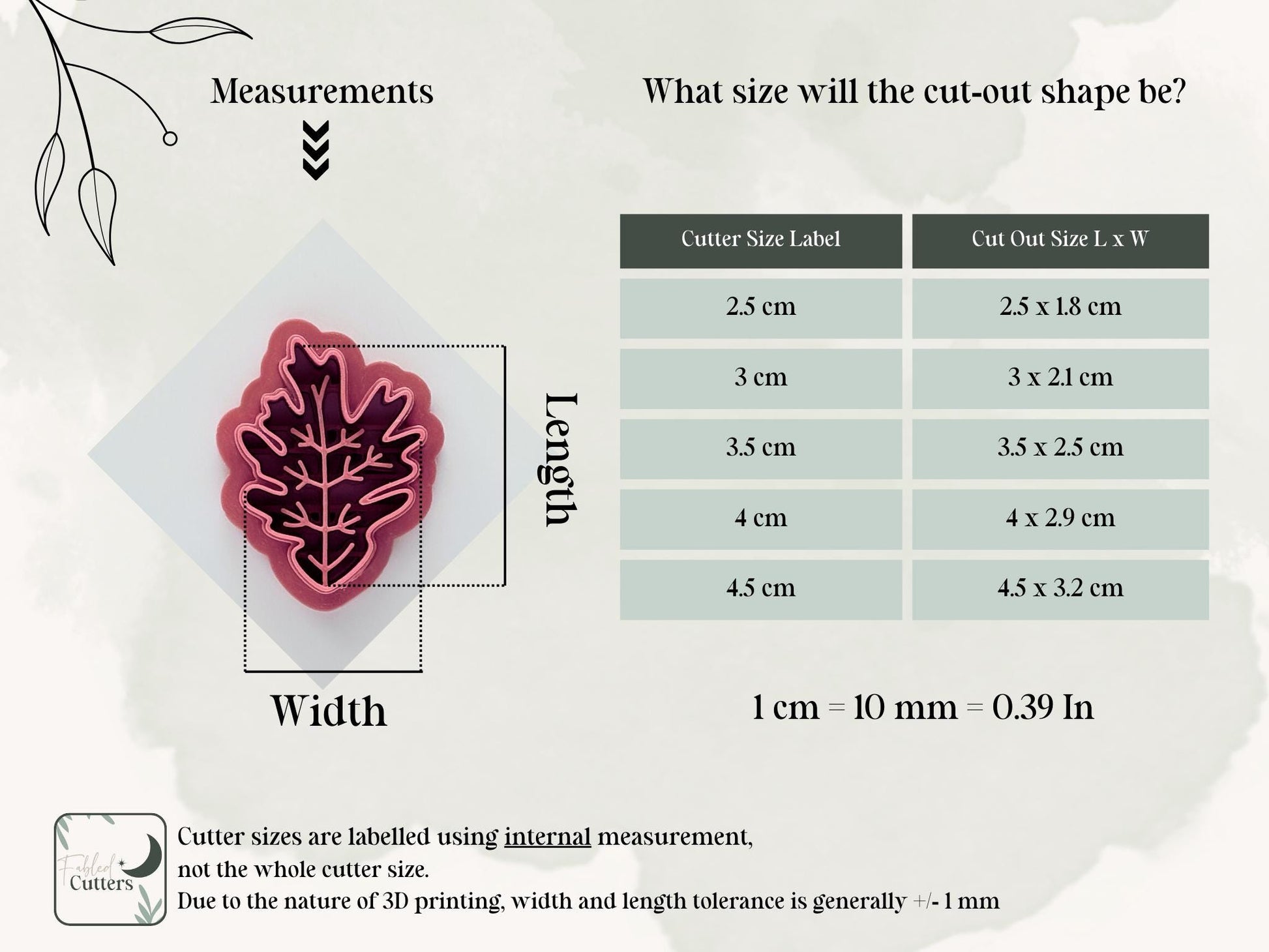 Pointed leaf cutter size comparison chart showing dimensions for polymer clay jewellery
