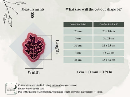 Pointed leaf cutter size comparison chart showing dimensions for polymer clay jewellery