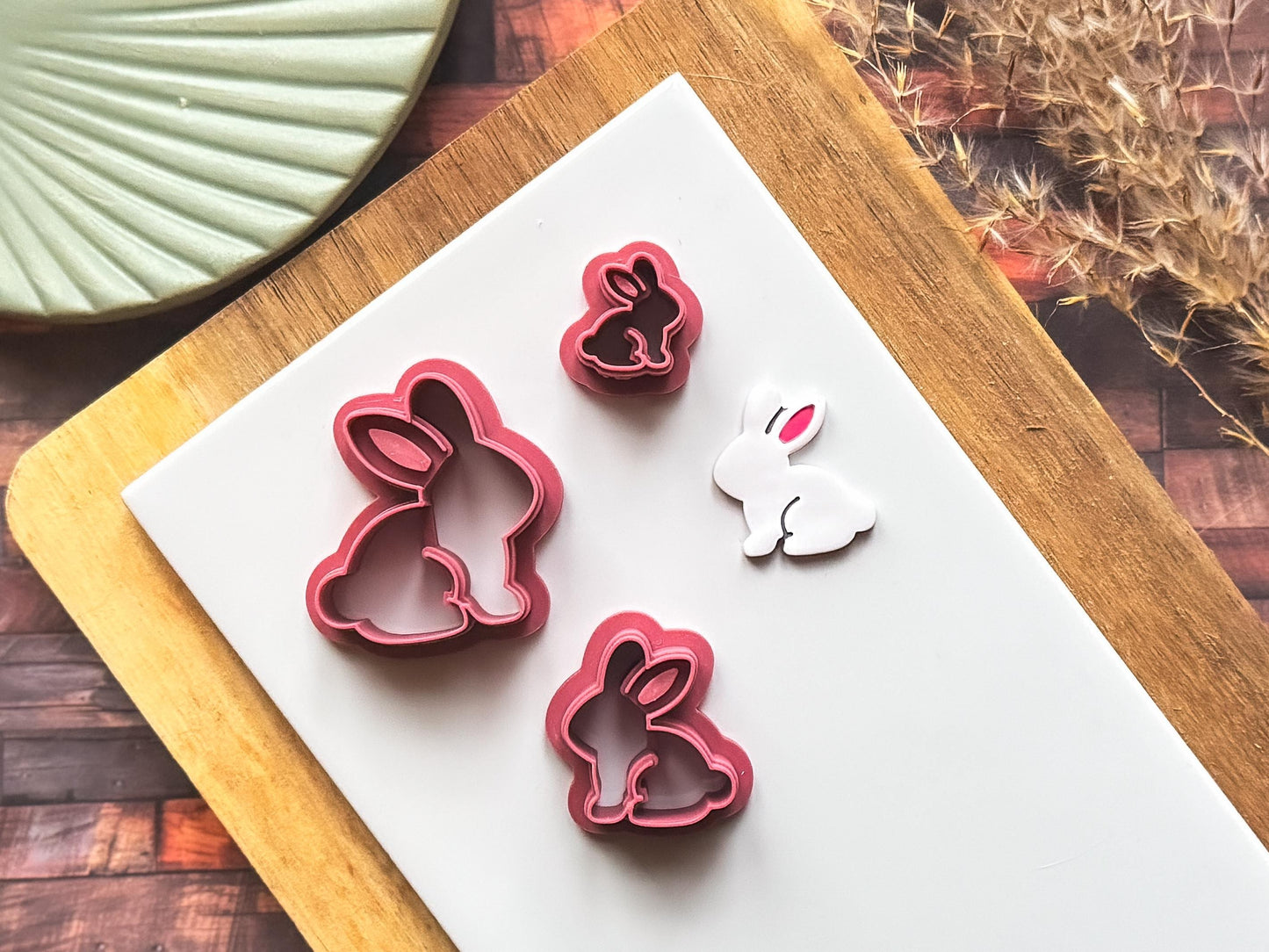 Rabbit shaped clay cutter in small to large sizes with polymr clay cut out sample