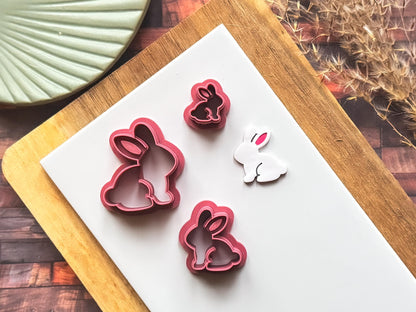 Rabbit shaped clay cutter in small to large sizes with polymr clay cut out sample