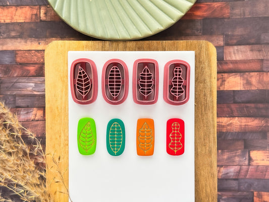 Set of 4 rectangular shaped cutters with leaf shaped stamps for clay and fondant