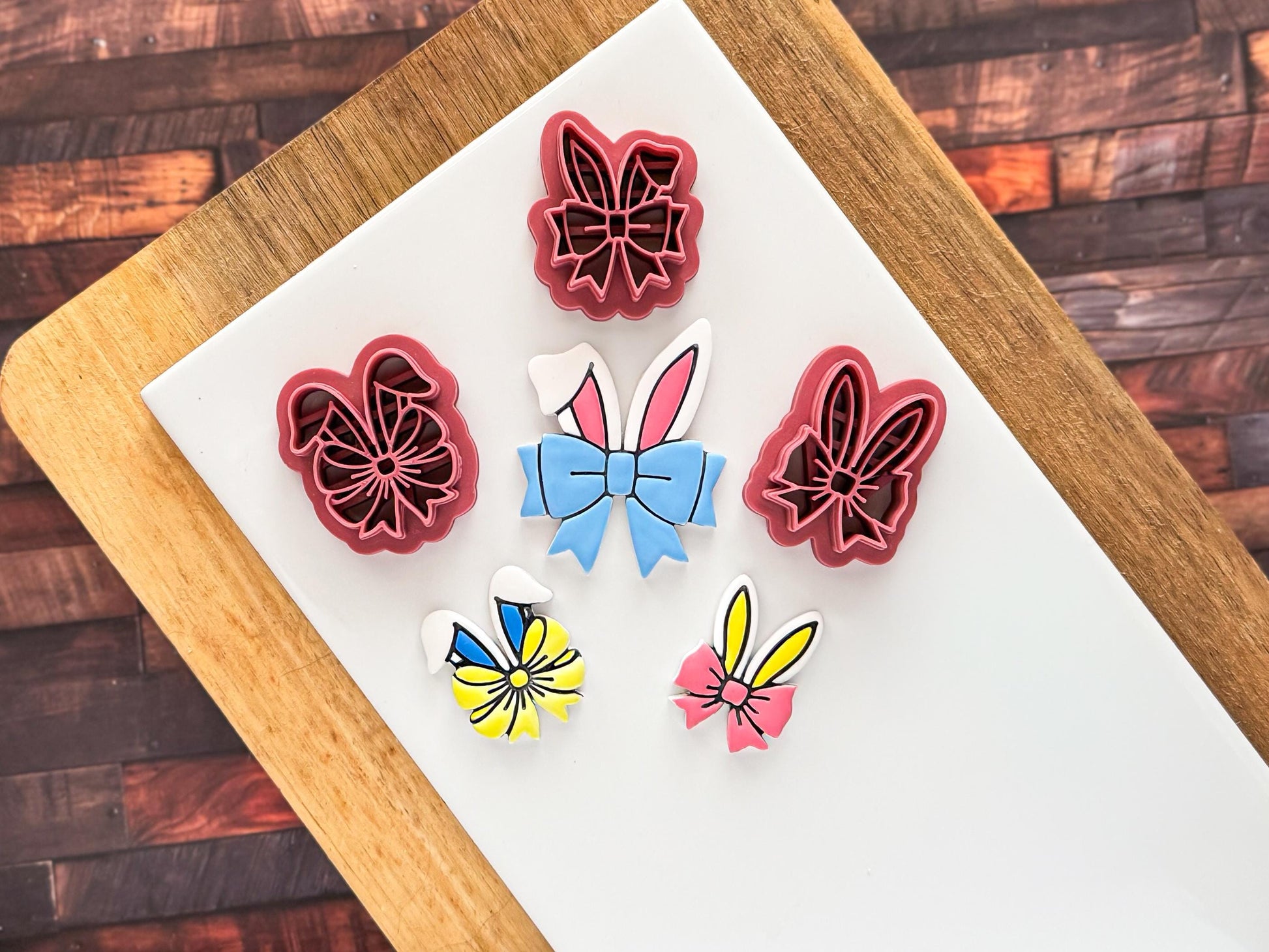 Bunny ear and bow cutters and shapes cut from polymer clay – ideal for DIY charms, earrings, and festive Easter decorations.