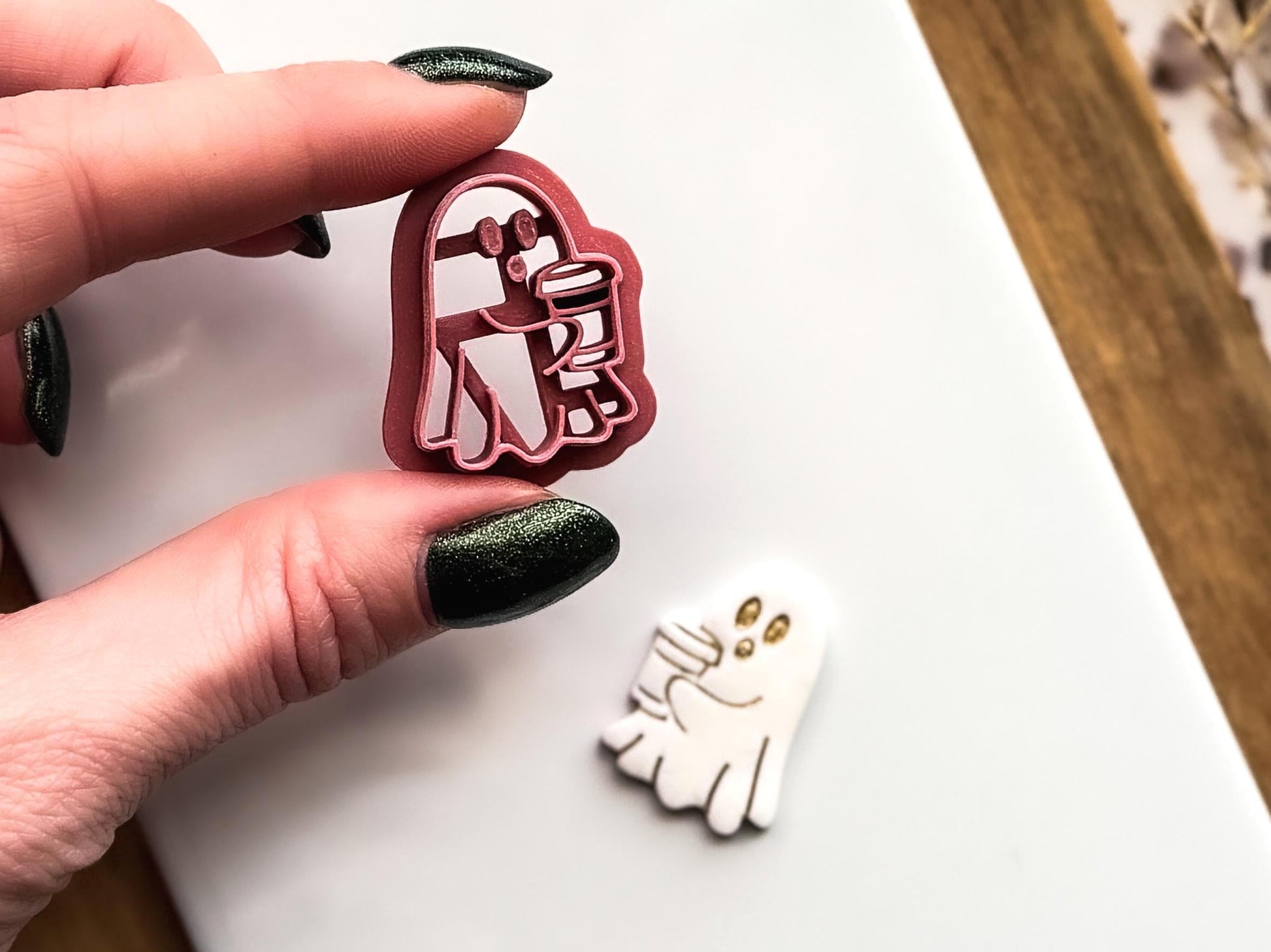 .5cm ghost clay cutter with white and gold polymer clay earring samples by Fabled Cutters