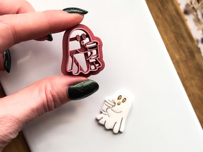 .5cm ghost clay cutter with white and gold polymer clay earring samples by Fabled Cutters