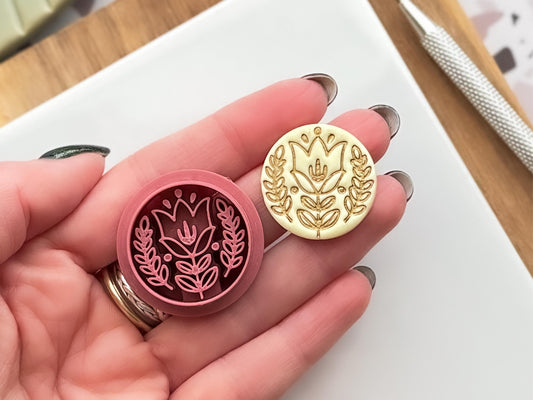 Boho floral circle polymer clay cutter – folk art style, UK-made stamping cutter for jewellery and fondant